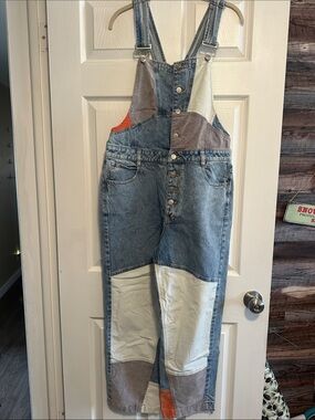 Free People Patchwork Denim/Corduroy Overalls in Blue, Grey, Orange